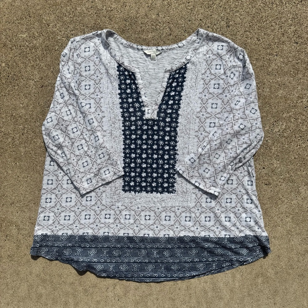 Lucky Brand Navy & White Printed Crochet-Trim V-Neck Tunic Size 1X